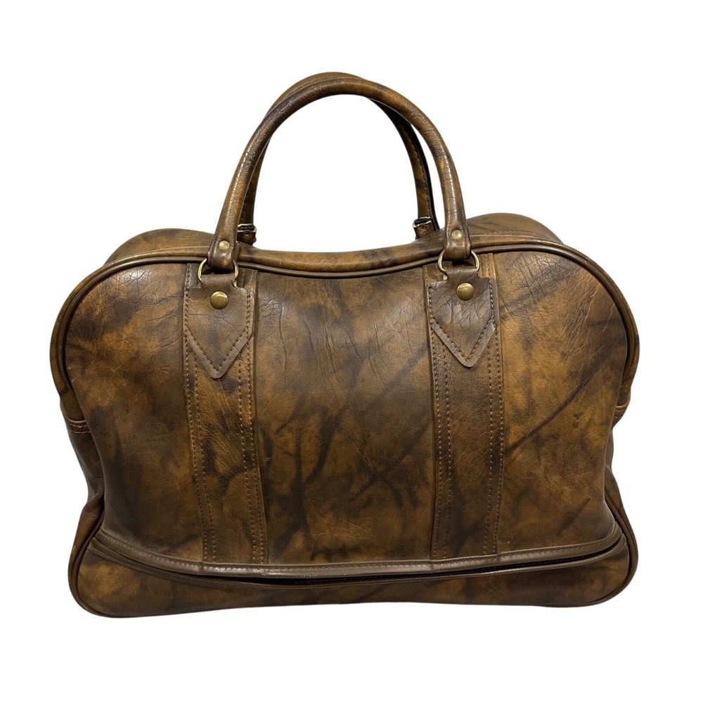 Vintage Marbled Brown Faux Leather Weekender Duffel Bag Travel Luggage Carry  On